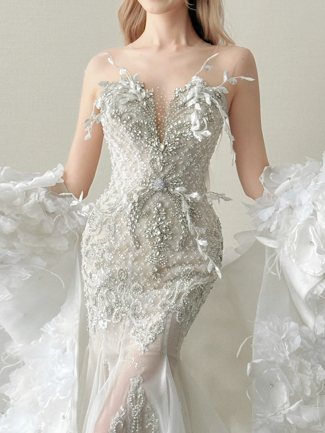 Deep V White Mermaid Wedding Dress 3D Floral Detachable Sleeve Bridal Gown NV7126