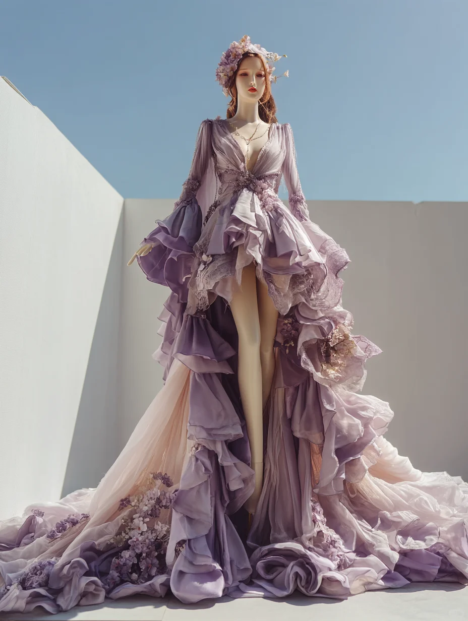 Ombre Lavender Fairy Tulle Gown with Bell Sleeves and 3D Floral Appliqué NV7503