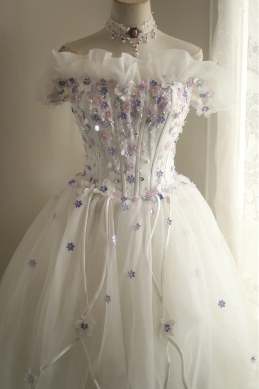 White sweet floral long tulle ball gown evening dress party dress nv4691