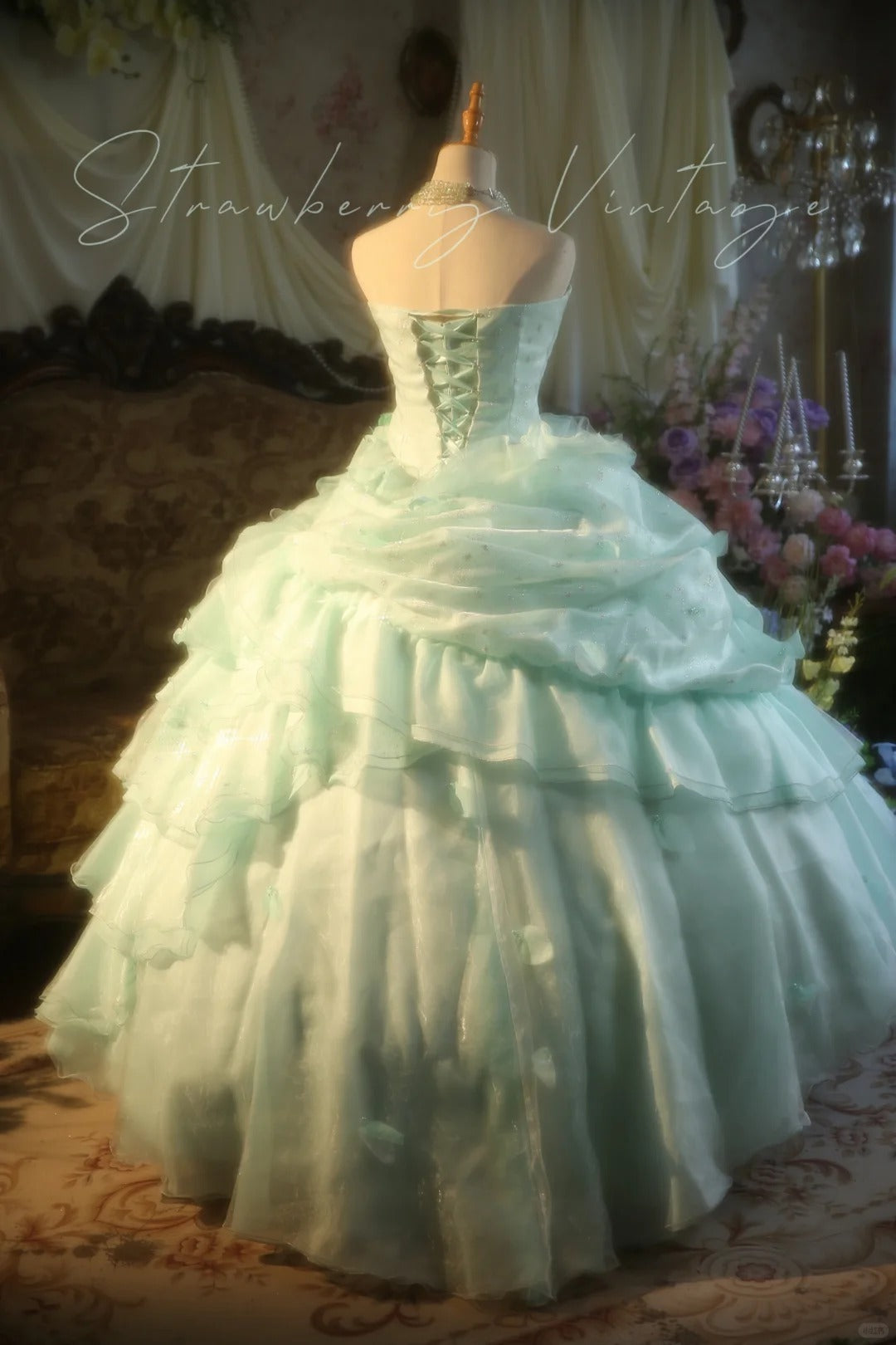 Mint Green Floral Long Tulle Vintage Ball Gown nv5037