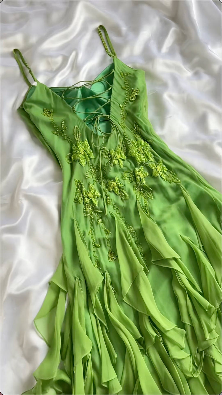 Green shiny fashion exquisite floral beading spaghetti straps long chiffon ruffles long ball gown evening dress party dress nv3578