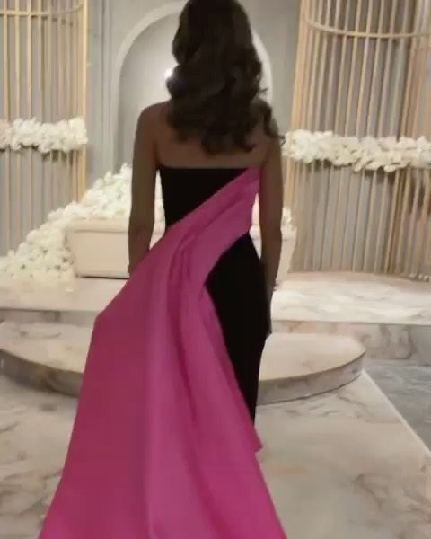 Robe de soirée longue en satin rose et noir avec coutures contrastées nv2736