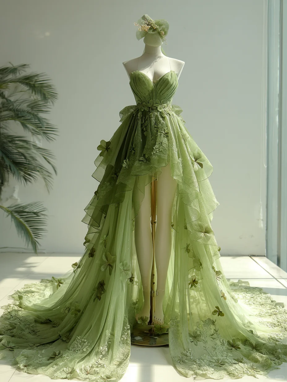 Green Strapless Fairy High Low Tulle Gown with 3D Clover Appliqué NV7501
