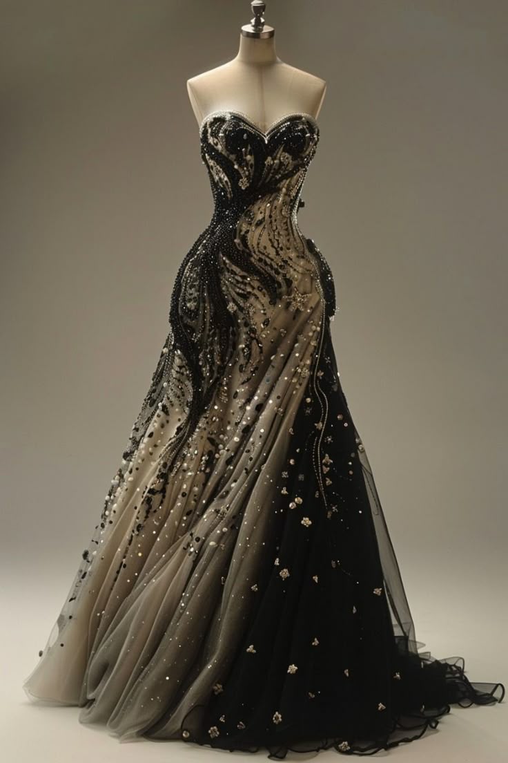 Robe sirène longue sans bretelles en tulle dégradé noir et gris ornée de broderies perlées - NiceVestidos NV6213