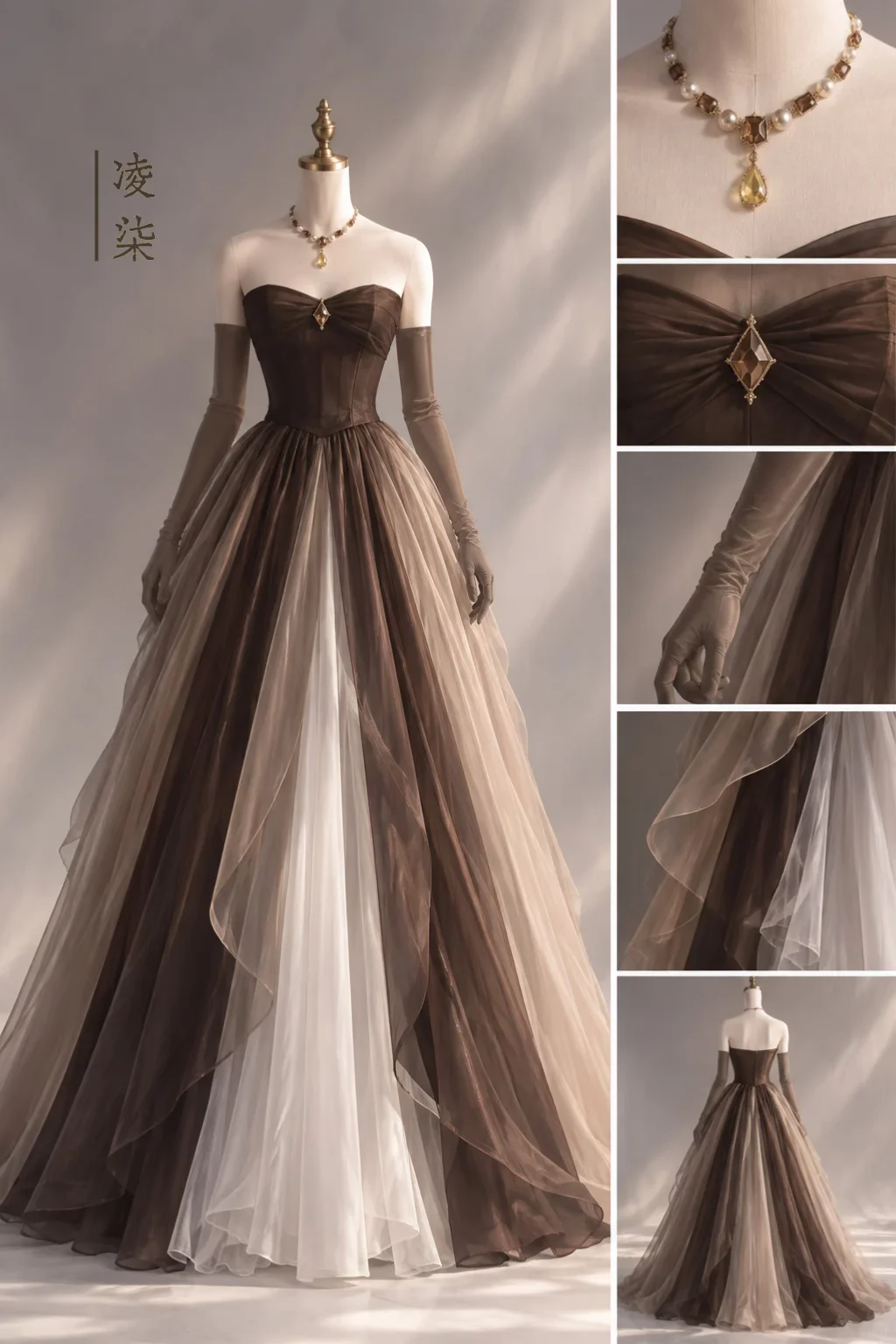 Brown Ombre Tulle Strapless Ball Gown with Rhinestone Bow NV7445