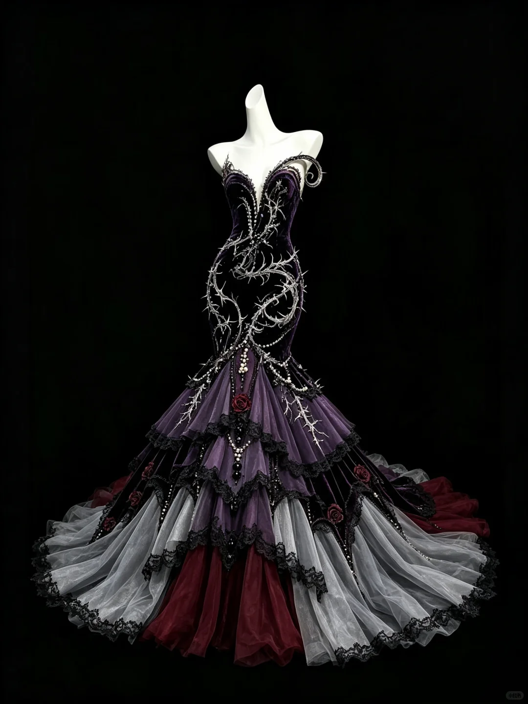Gothic Thorn 3D Rose Velvet Mermaid Prom Gown NV7458