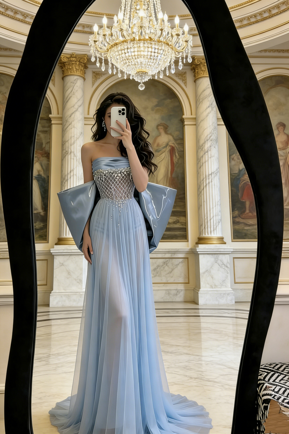 Robe longue de soirée/tapis rouge/rendez-vous bleu clair sans bretelles, ornée de cristaux et dotée d'une épaulette 3D et d'une traîne drapée (NV6817)
