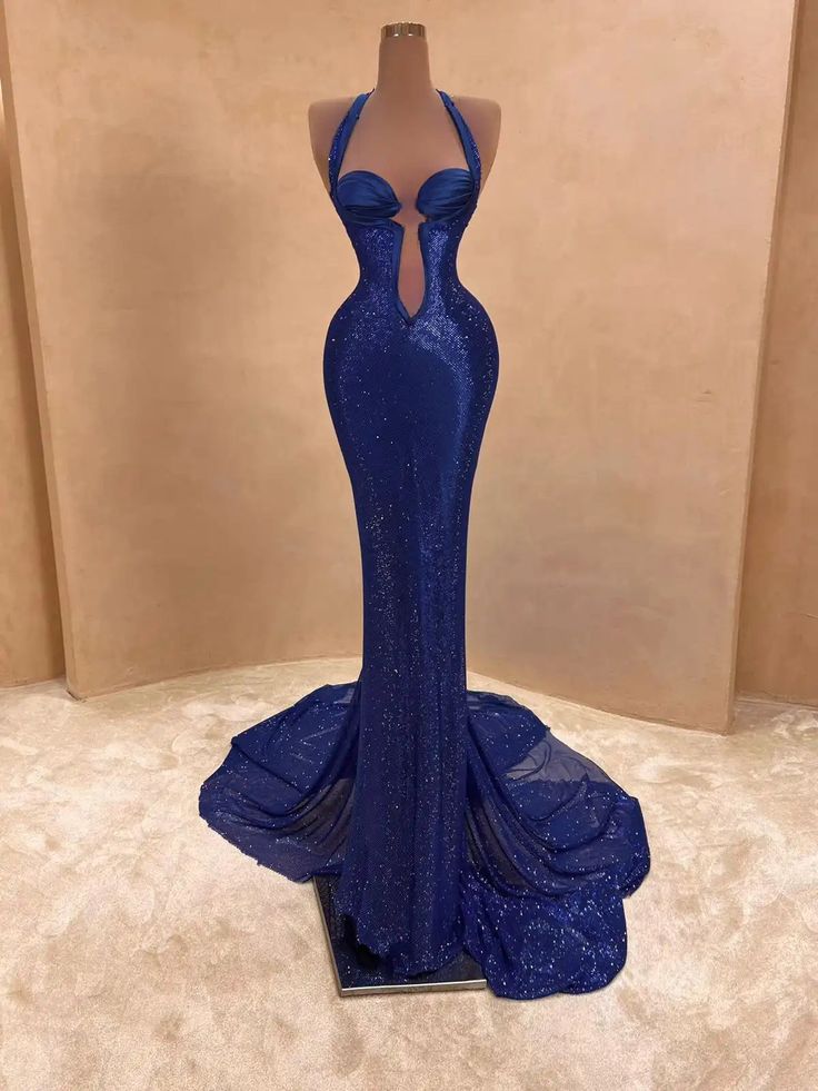 Robe sirène longue à sequins bleu royal, sans manches, dos nu et traîne, NiceVestidos NV6184