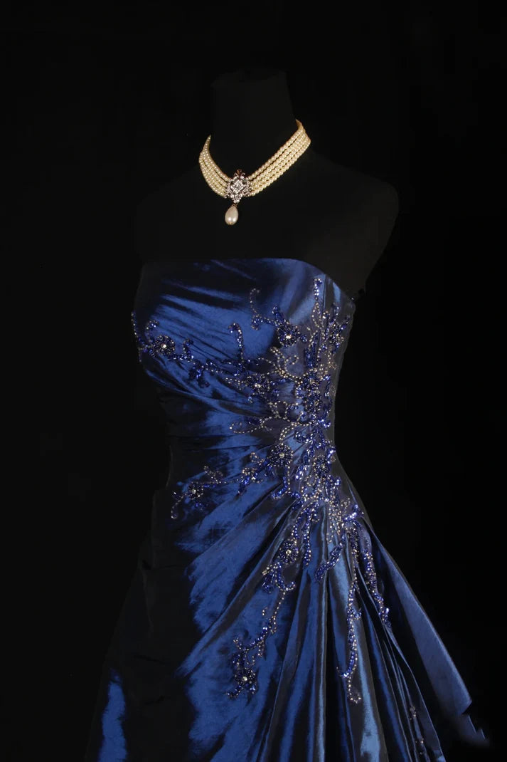Navy Blue Vintage Fashion Exquisite Beaded Ball Gown Off Shoulder Long Satin Elegant Prom Dress Party Dress nv3769