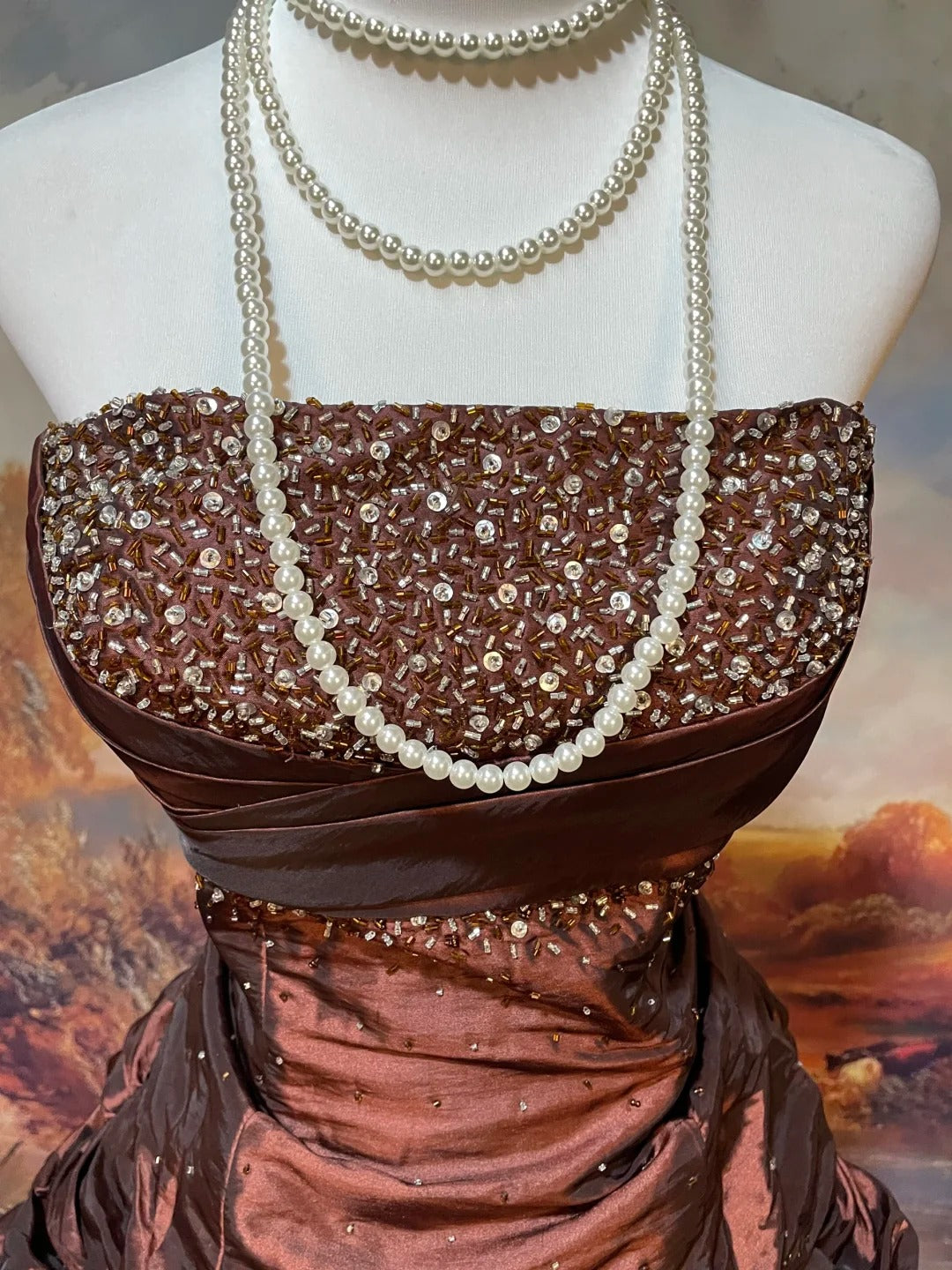 Brown Vintage Elegant Vintage Fashion Romantic Exquisite Beaded Floral Long Floor Length Satin Ball Gown Evening Gown Prom Gown nv4077
