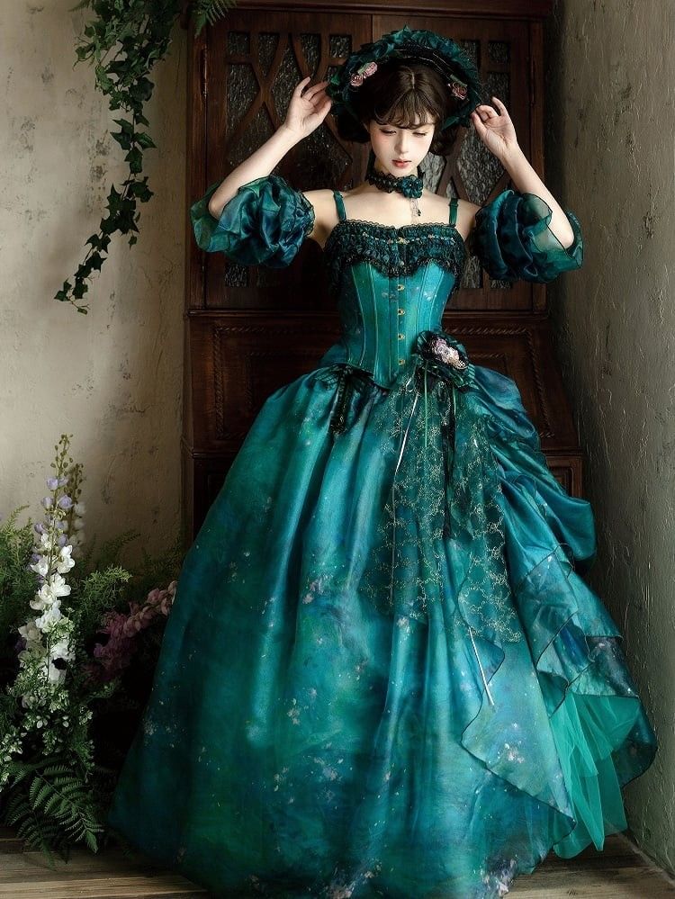 Robe de bal Lolita vert émeraude à motif étoilé, style luxueux foncé - Robe pour tea party et cosplay sur le thème de la forêt NV6390