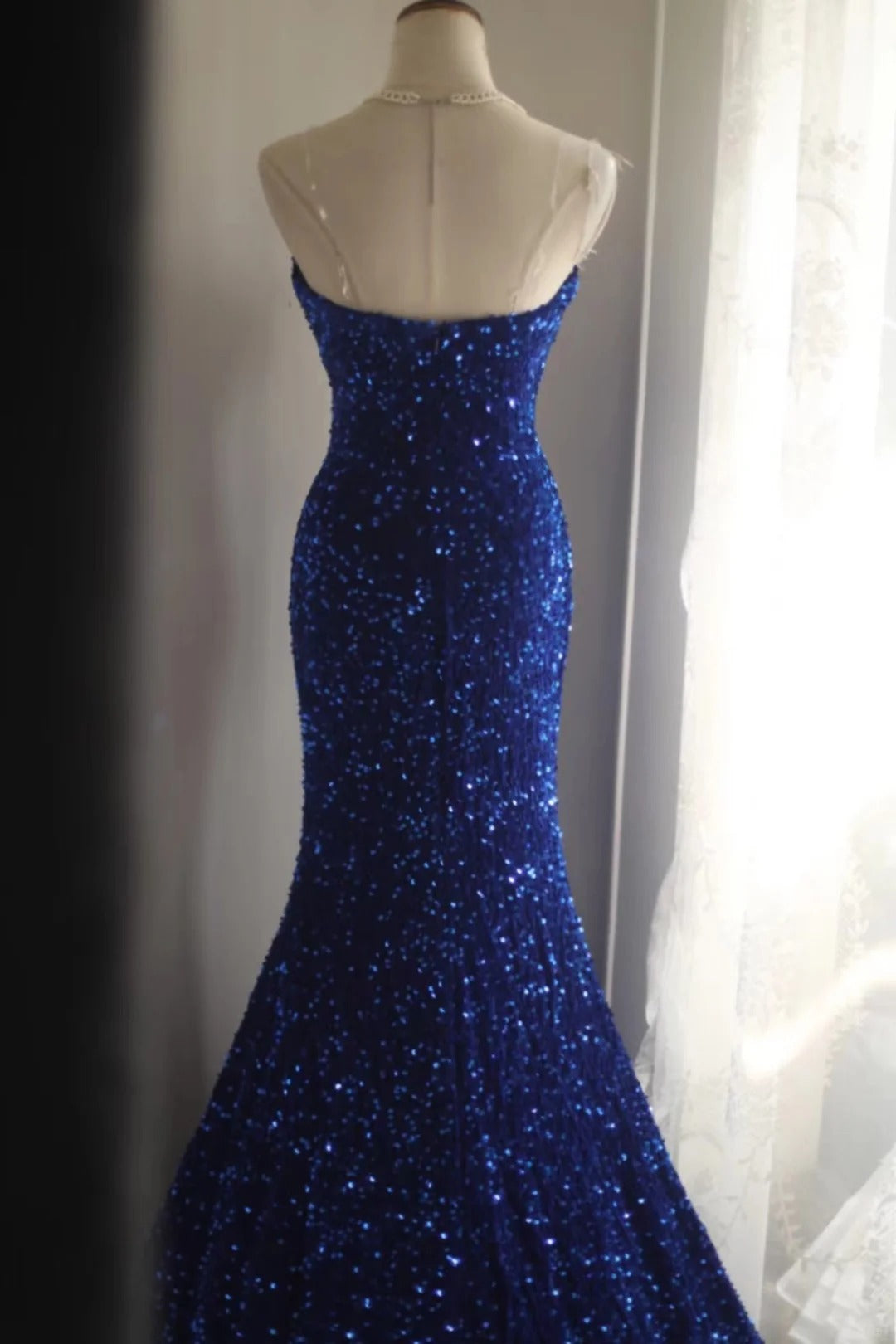 Royal blue vintage elegant pleated long sequin velvet beaded mermaid fishtail slim floor-length tail ball gown evening dress party dress wedding dress nv4123