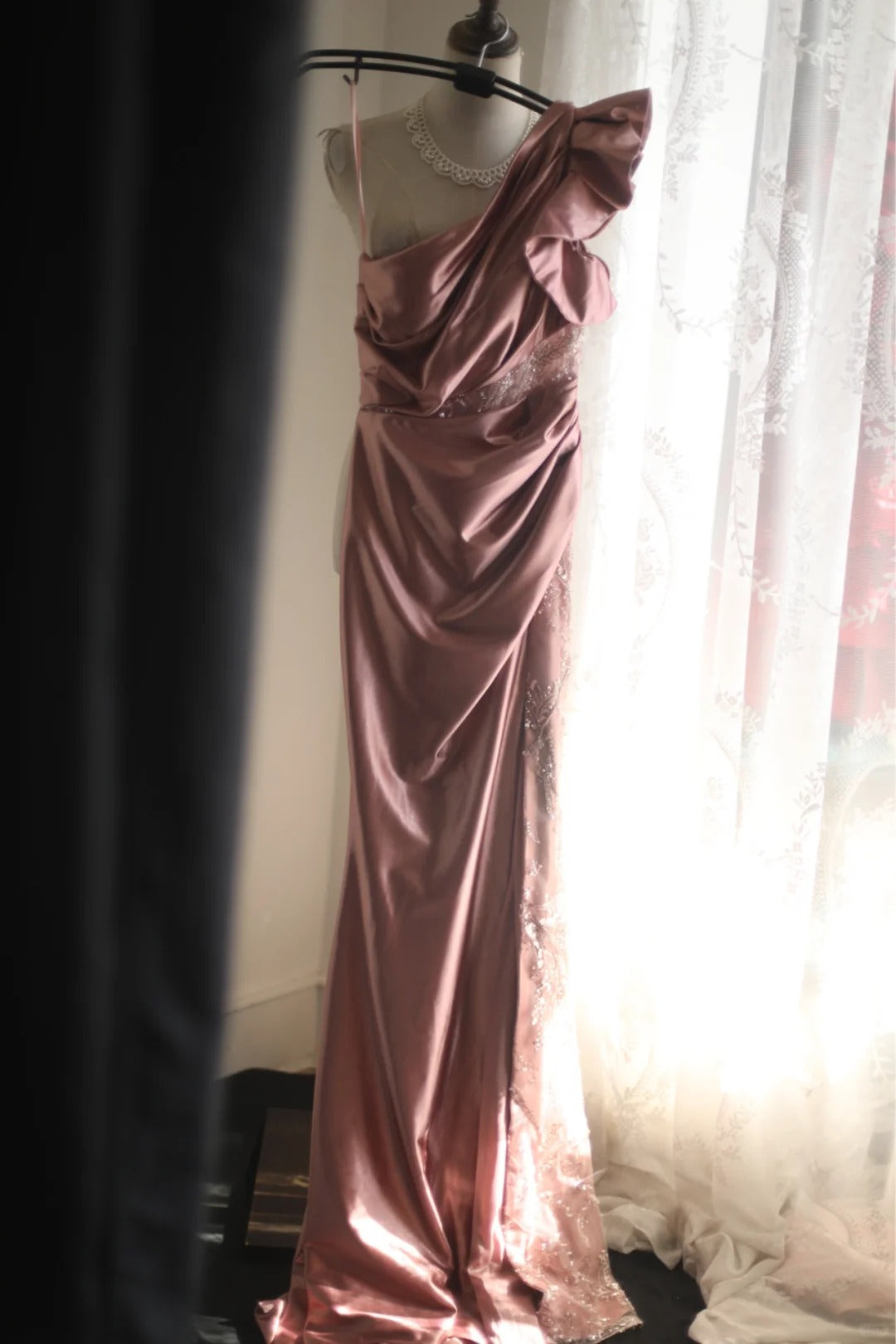 Pink Beaded Elegant Long Satin Floor Length Ball Gown Evening Dress Party Dress nv4187