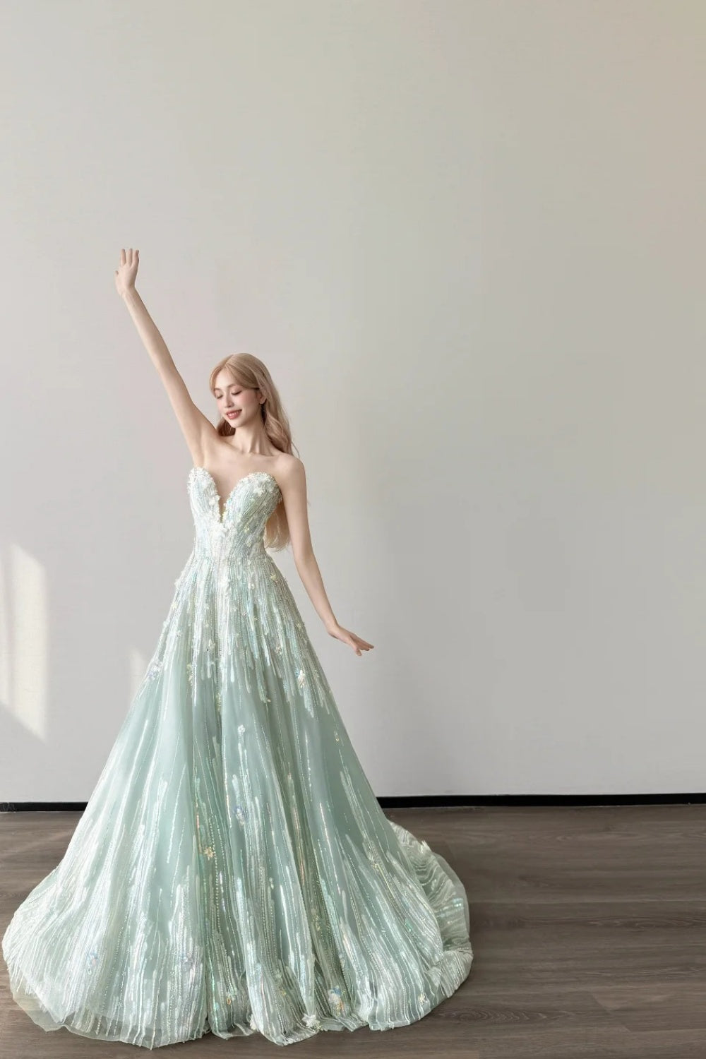 Robe de bal longue en mousseline verte luxueuse, somptueuse et brillante, robe de fée NV6726