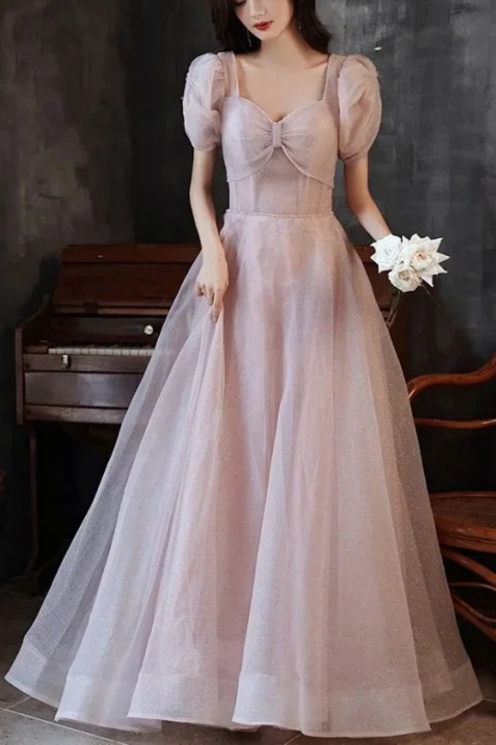 Robe de bal longue rose, robe de demoiselle d'honneur princesse, robe à manches courtes NV6725