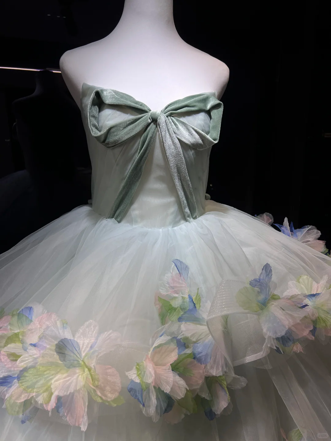 Mint Green Strapless Tulle Ball Gown, Corset Dress with Big Bow & 3D Butterfly Petal Appliques NV7087
