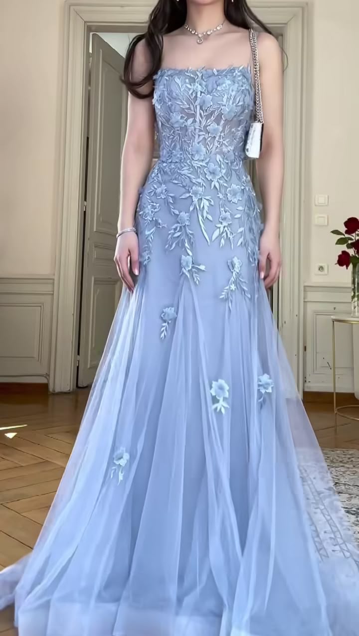 Blue stylish elegant exquisite embroidered spaghetti straps long tulle off-shoulder floor-length ball gown, evening dress, party dress nv3716