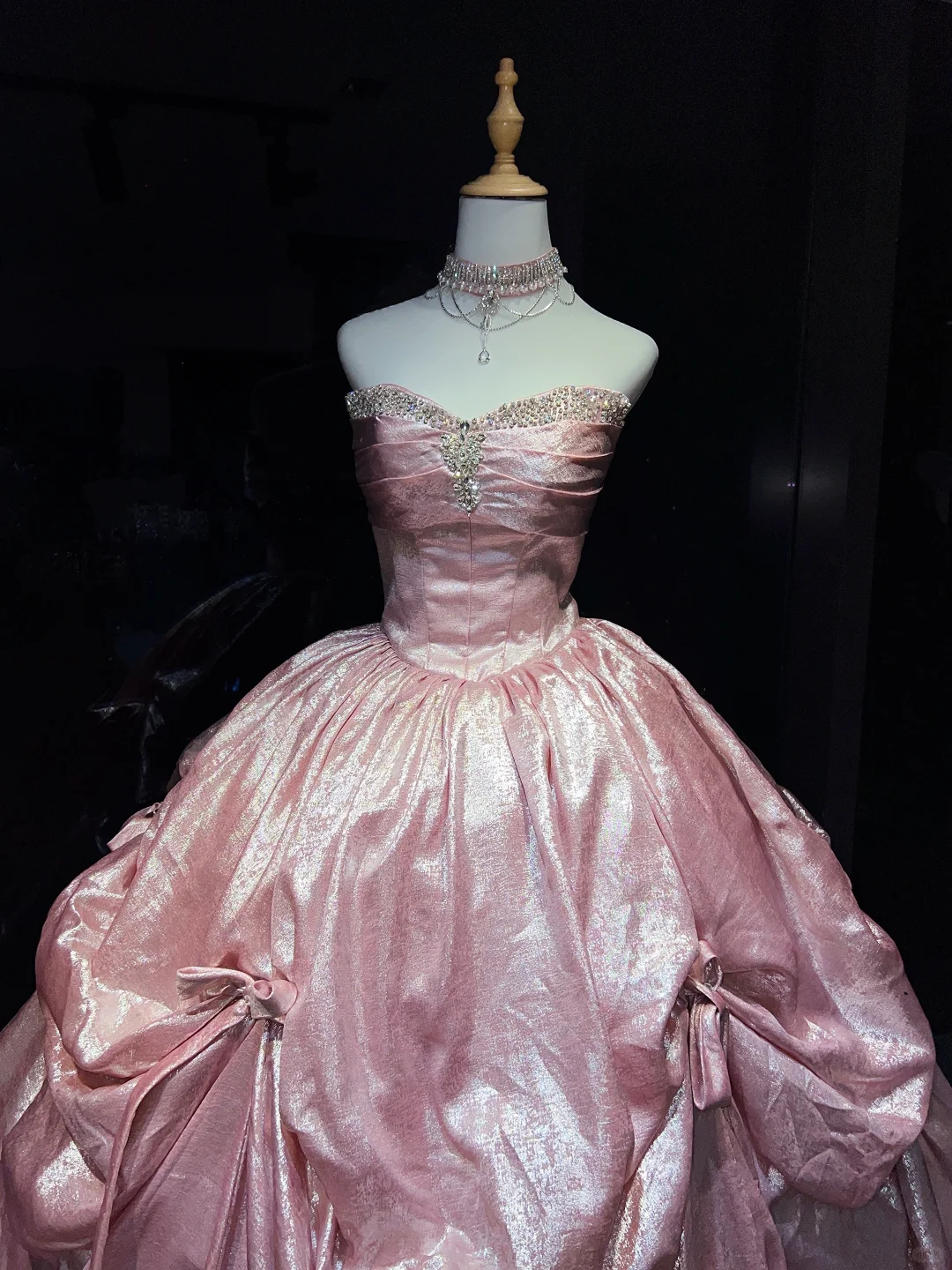 Strapless Shimmer Pink Prom Dress Vintage Satin Ruched Rhinestone Bow Ball Gown NV7053