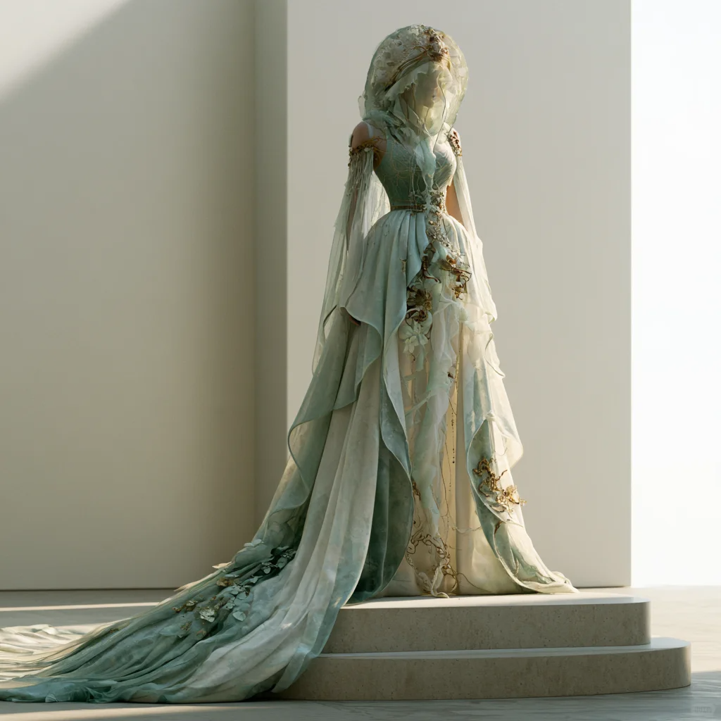 Light Mint Green Fairy Organza Gown with Hooded Tulle Veil and Long Train NV7494