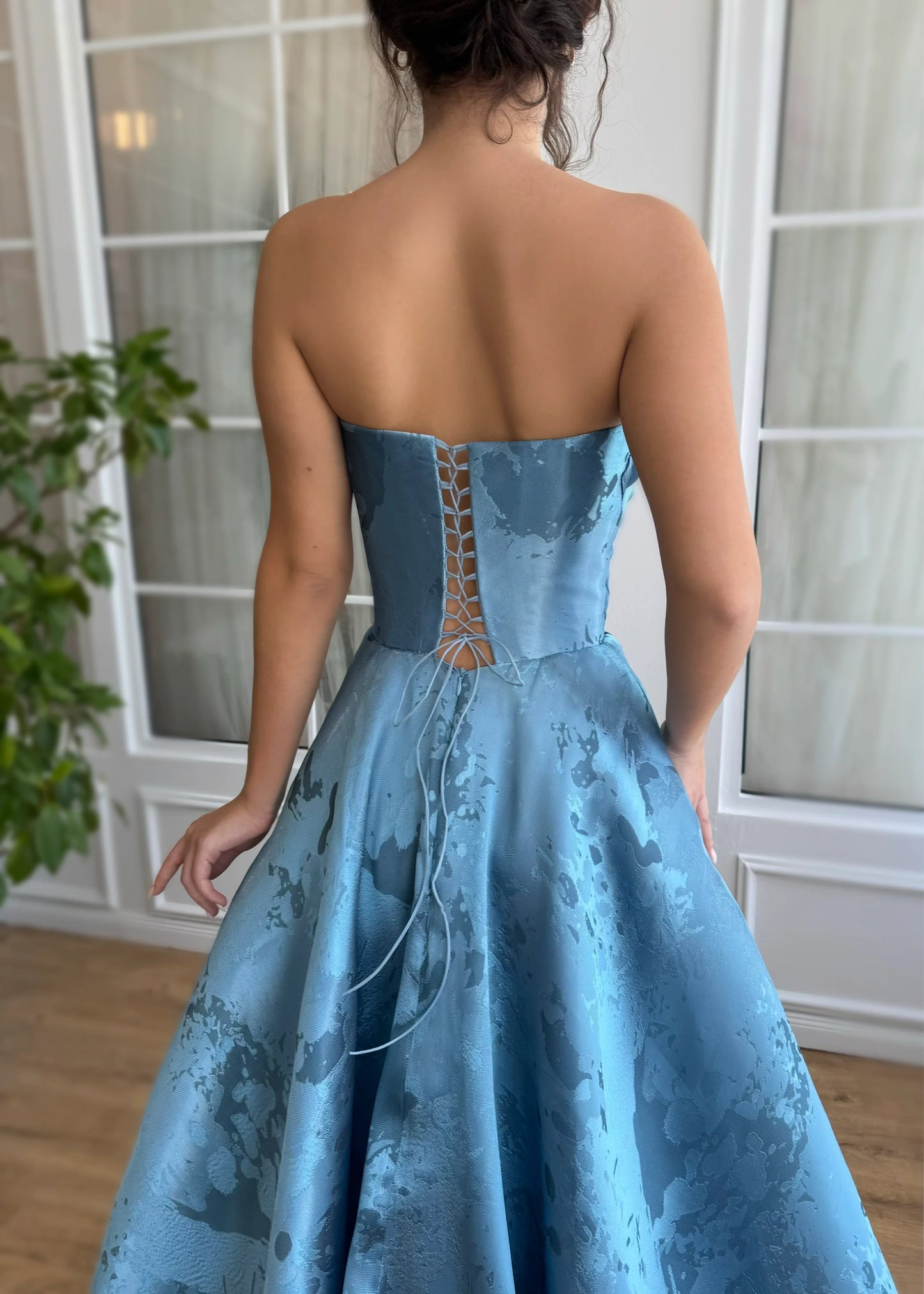 strapless ruched embossed printed satin lace-up  prom dress  nv1637