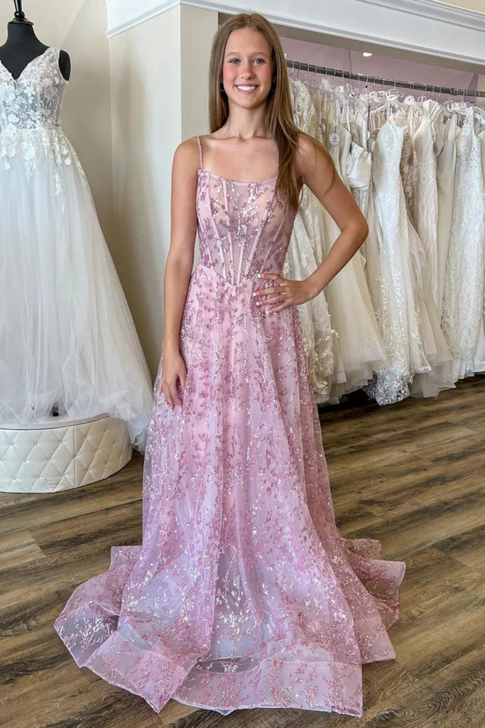 A Line Open Back Pink Sequins Lace Long Prom Dress Open Back Pink Lace Formal Dress Pink Lace Floral Evening Dress nv1566