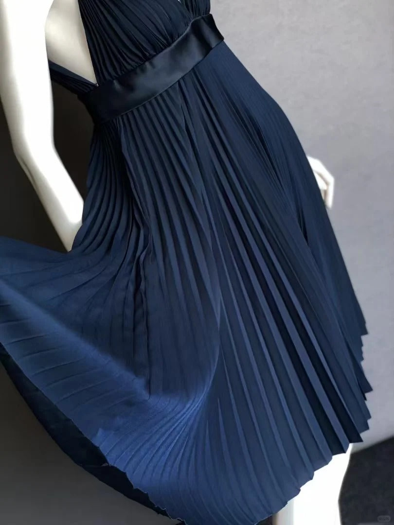 Navy blue short satin fashion pleated homecoming dress birthday dress nv5142
