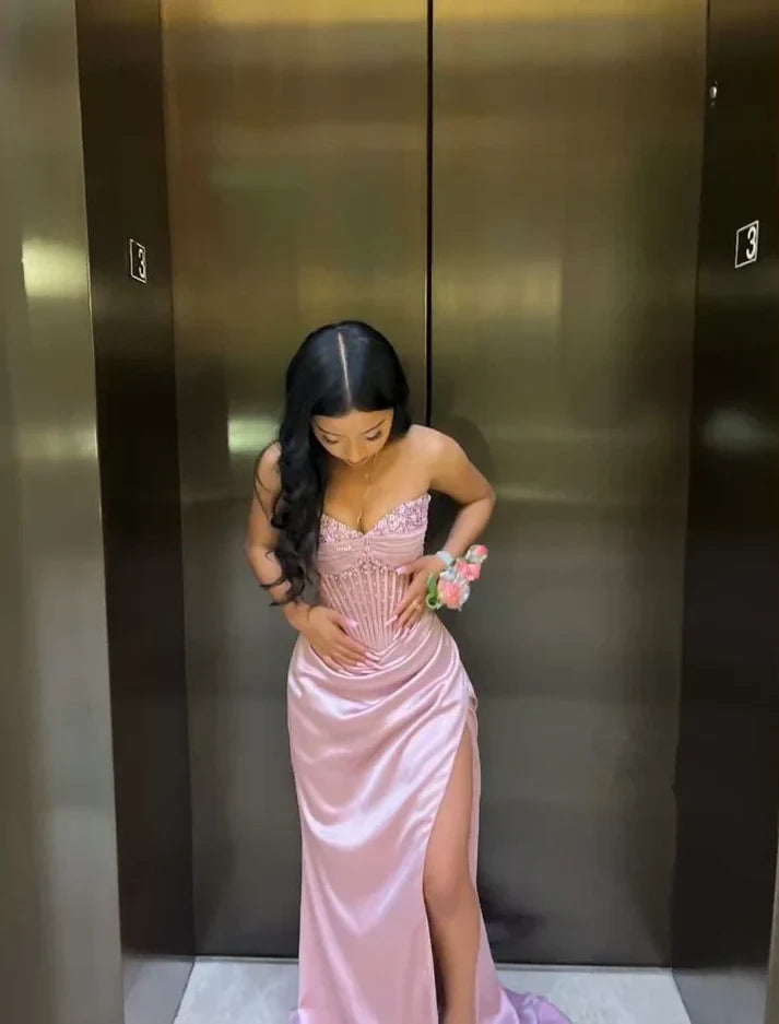 Pink Gorgeous Shiny Exquisite Beaded Long satin Slit Elegant Sexy Ball Gown Evening Dress Party Dress nv4146