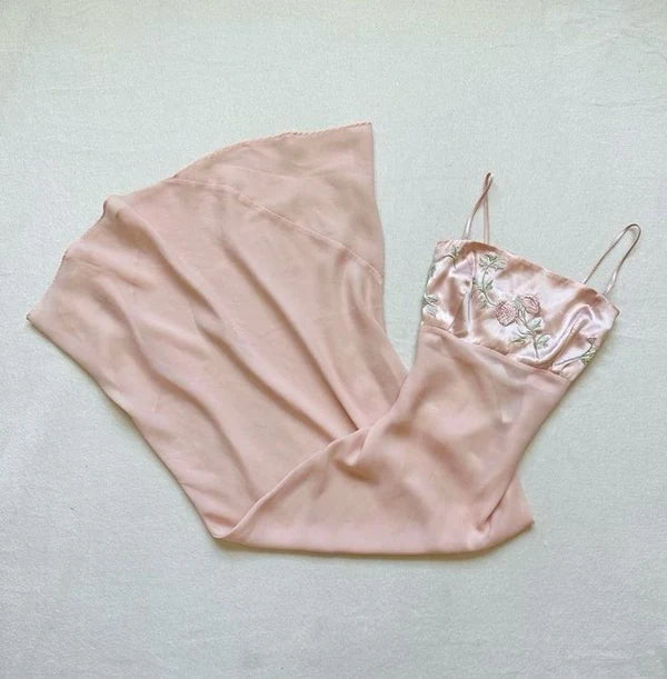 Pink Delicate Floral Embroidery Spaghetti Straps Long Slim Fit Chiffon Ball Gown Evening Dress Party Dress nv3508