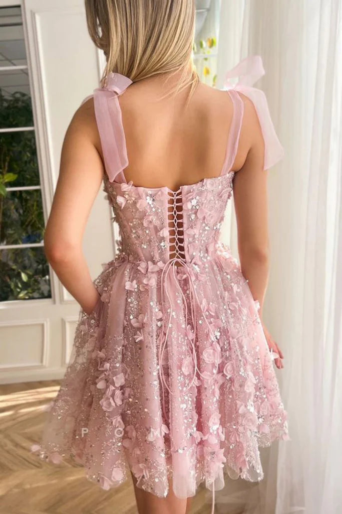 Cute A Line Pink Lace Floral Prom Dresses, Beaded Pink Homecoming Dresses, Short Pink Formal Evening Dresses with 3D Flowers nv1510