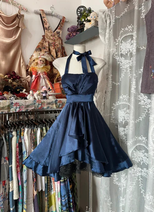 Navy Homecoming Dress Short A-Line Bow Lace Satin nv4304