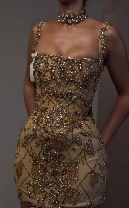 Beautiful tight square neck sleeveless gold short formal 8th grade homecoming dress summer middle school Hoco dress homecoming outfit nv5322