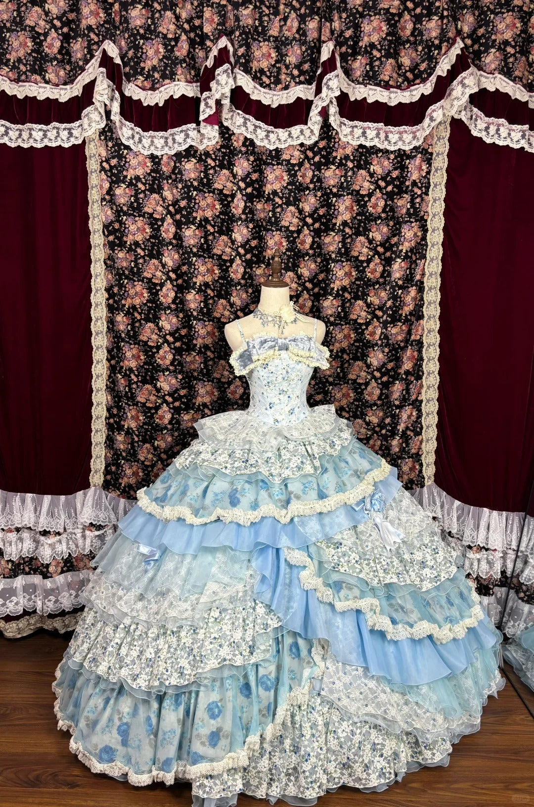 Blue floral princess long tulle ball gown evening dress quinceanera dress nv4651