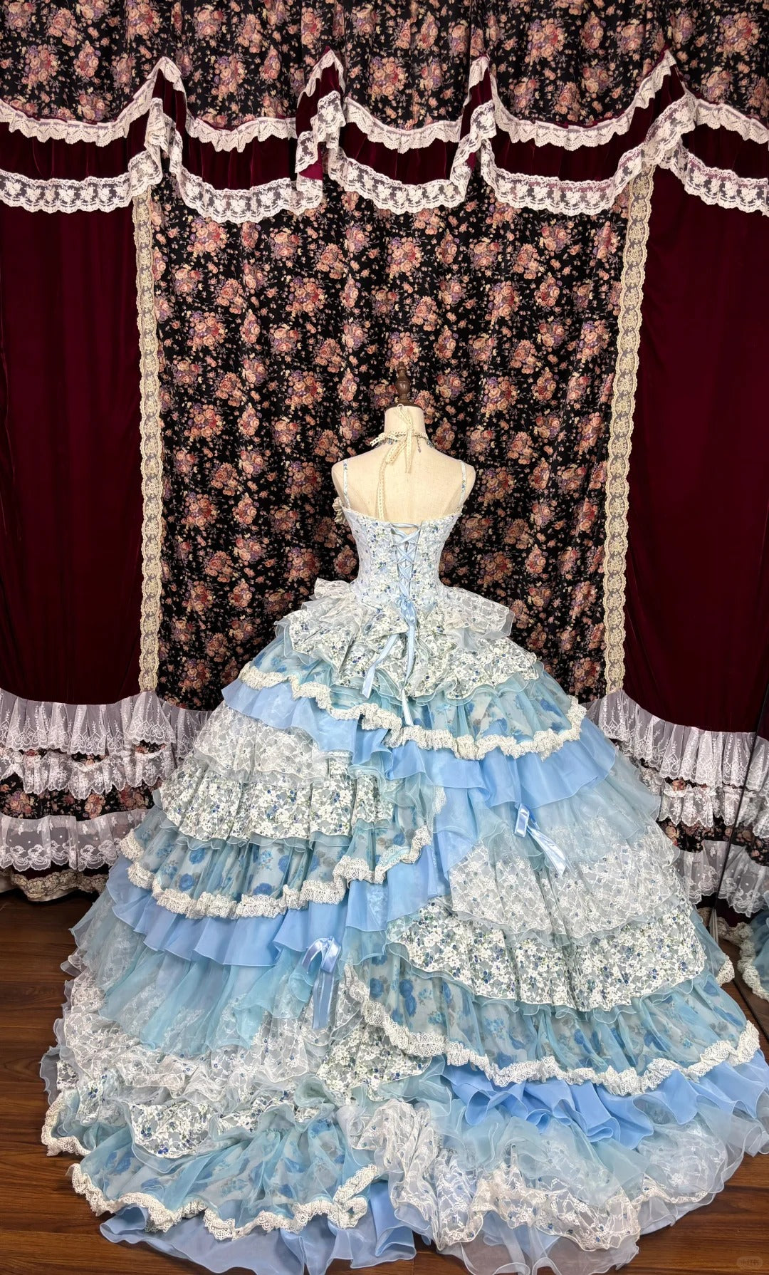 Blue floral princess long tulle ball gown evening dress quinceanera dress nv4651