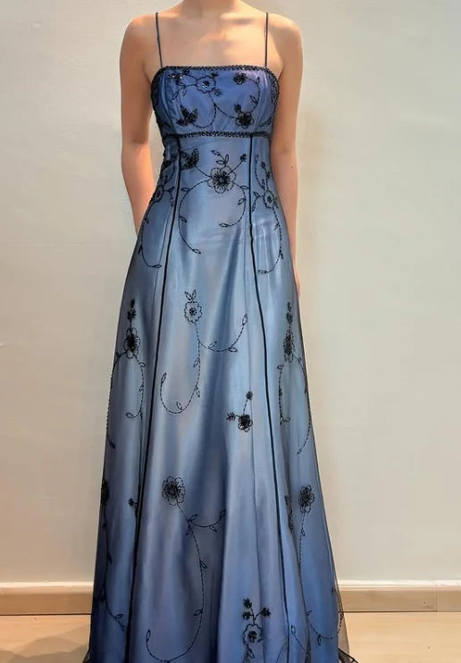 Blue Fashion Gradient Exquisite Beading Spaghetti Strap Long tulle Ball Gown Evening Gown Party Dress nv3723