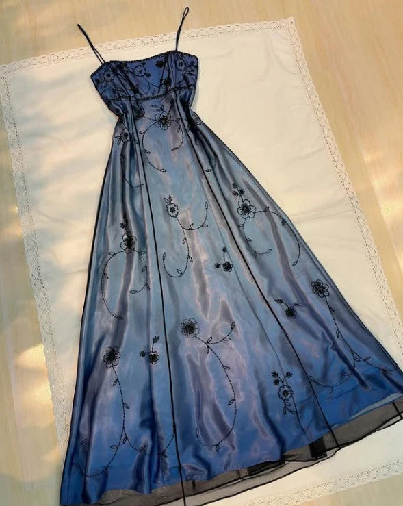 Blue Fashion Gradient Exquisite Beading Spaghetti Strap Long tulle Ball Gown Evening Gown Party Dress nv3723