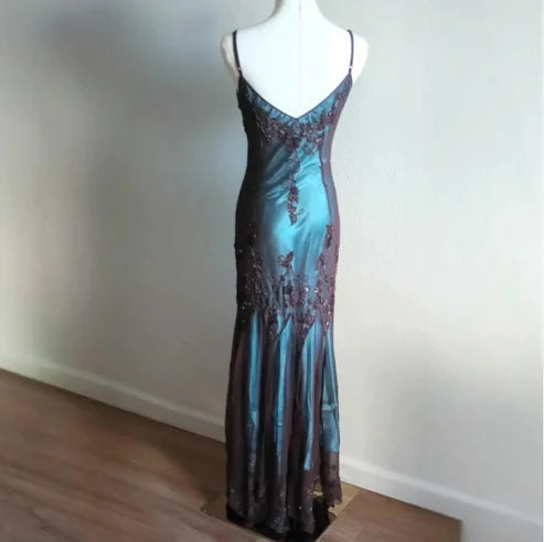 Blue/Reddish Brown/Green Beaded Vintage Evening Gown Spaghetti Strap Chiffon Long Ball Gown nv4269