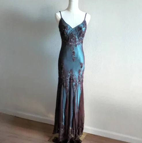 Blue/Reddish Brown/Green Beaded Vintage Evening Gown Spaghetti Strap Chiffon Long Ball Gown nv4269