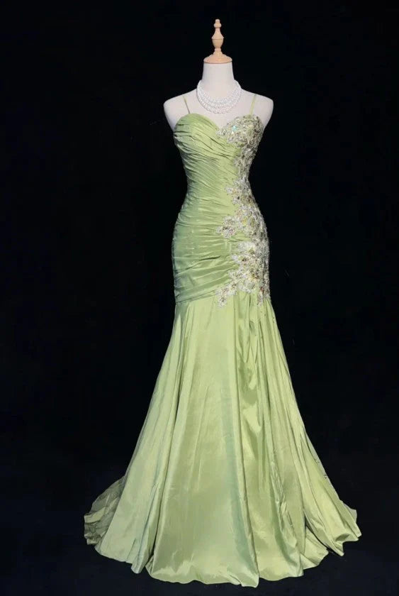 Green Vintage Sweetheart Neck Mermaid Spaghetti Straps Satin Beaded Sequin Long Ball Gown Evening Dress nv4167