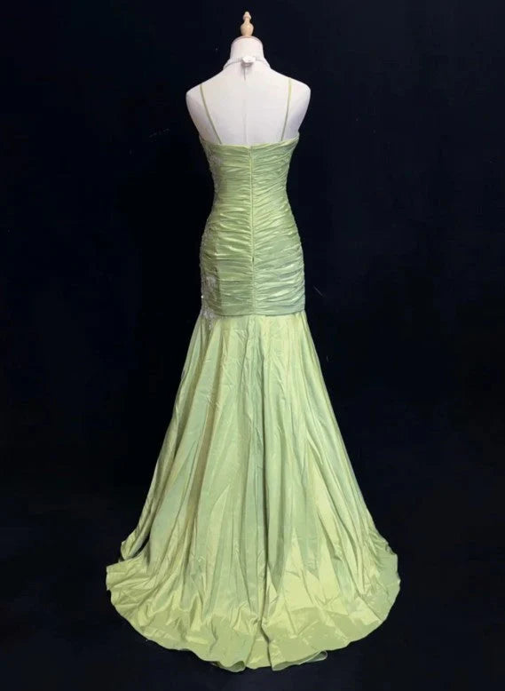 Green Vintage Sweetheart Neck Mermaid Spaghetti Straps Satin Beaded Sequin Long Ball Gown Evening Dress nv4167