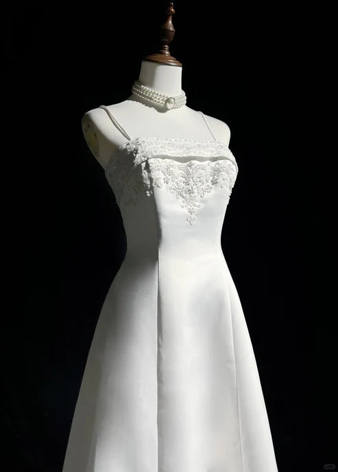 White A-line Beaded Satin Long Ball Gown Graduation Prom Dress Wedding Dress nv4292