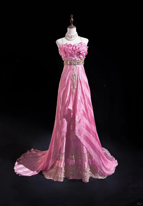 Pink Fashion Ruffled Mermaid Satin Beaded Long Ball Gown Evening Dress Beautiful Bride Wedding Dress nv4291