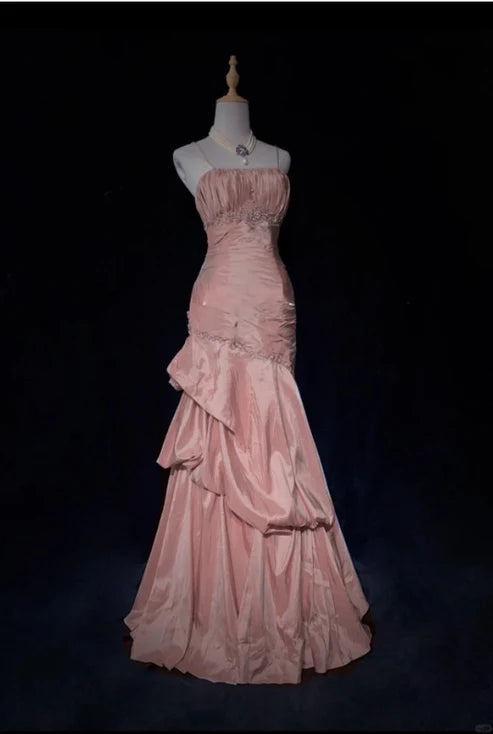Pink Beautiful Mermaid Long Evening Dress Spaghetti Straps Satin Ruffled Ball Gown Beaded nv4290