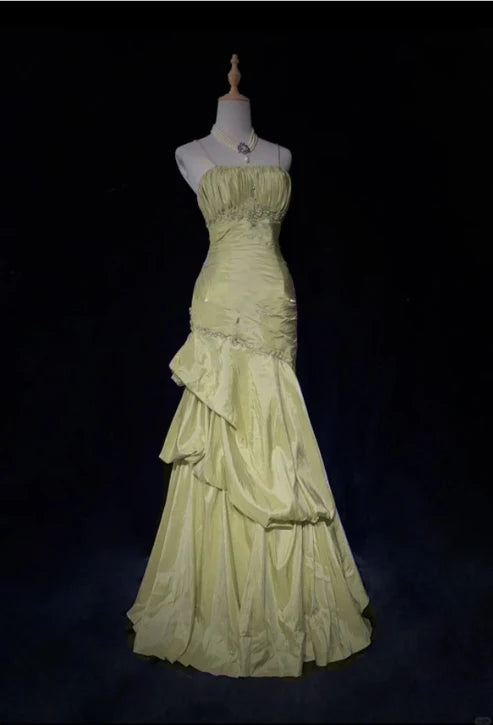 Pink Beautiful Mermaid Long Evening Dress Spaghetti Straps Satin Ruffled Ball Gown Beaded nv4290