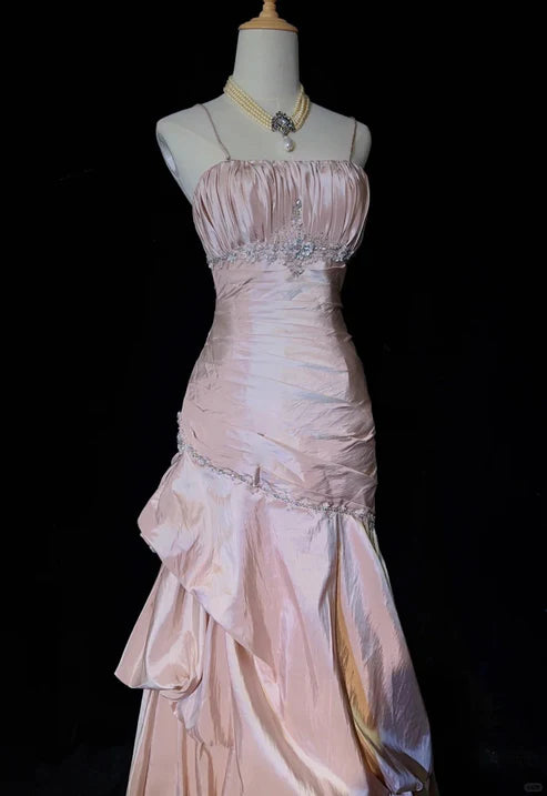 Pink Beautiful Mermaid Long Evening Dress Spaghetti Straps Satin Ruffled Ball Gown Beaded nv4290