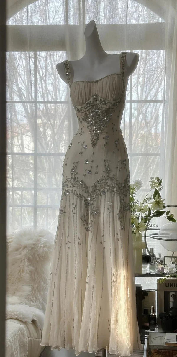 Ivory White Elegant Spaghetti Strap Beaded Chiffon Long Mermaid Gown Ball Gown Evening Gown Party Dress nv4228