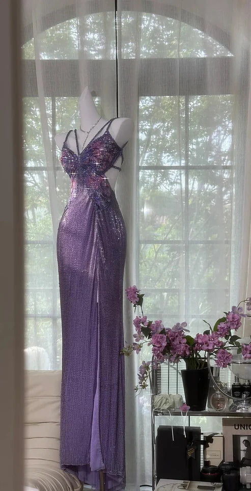 Purple Vintage Chiffon Beaded Bodycon Elegant Backless Slit Prom Gown Evening Dress Party Dress nv4262