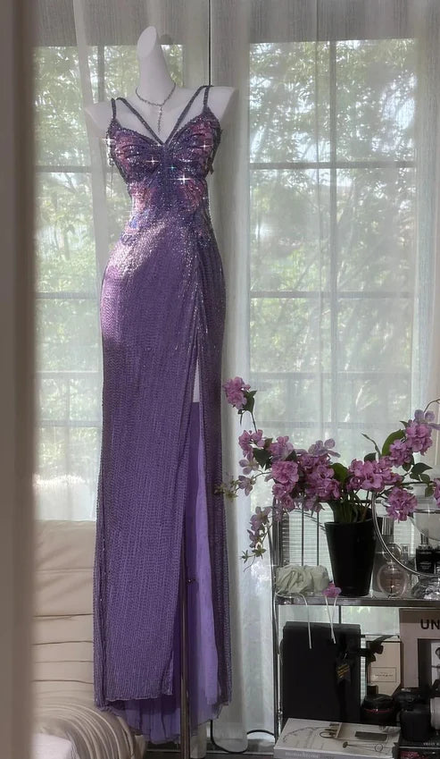 Purple Vintage Chiffon Beaded Bodycon Elegant Backless Slit Prom Gown Evening Dress Party Dress nv4262