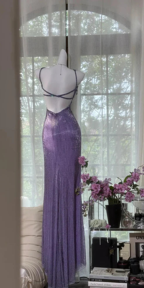 Purple Vintage Chiffon Beaded Bodycon Elegant Backless Slit Prom Gown Evening Dress Party Dress nv4262