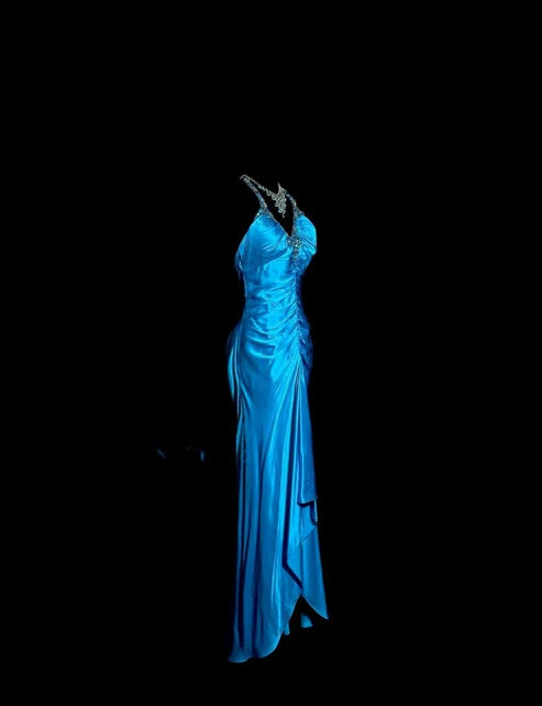 Blue Beaded Backless Long Satin Ball Gown Evening Gown Graduation Gown nv4402
