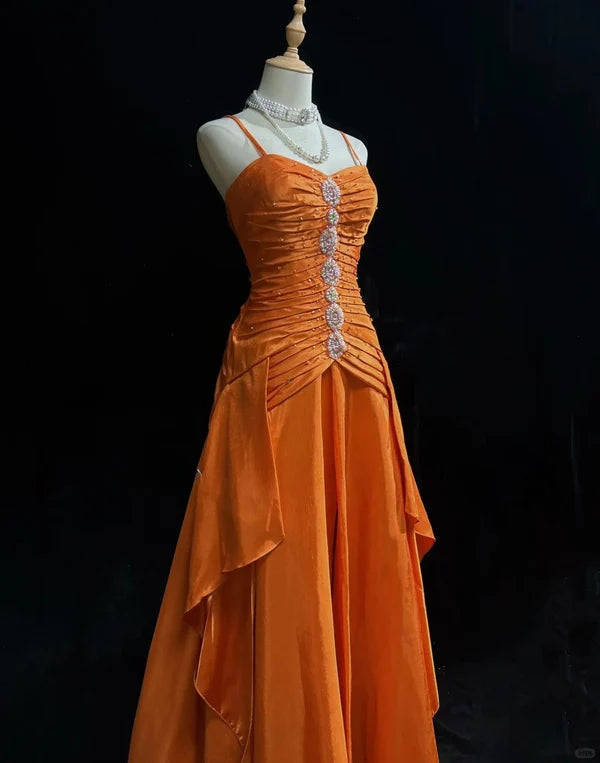 Orange Beaded Long Vintage Satin Prom Gown Evening Gown Graduation Dress nv4398